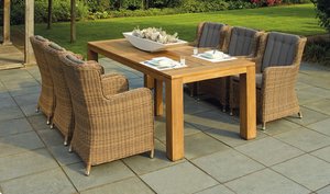 seven piece wood and wicker outdoor dining set